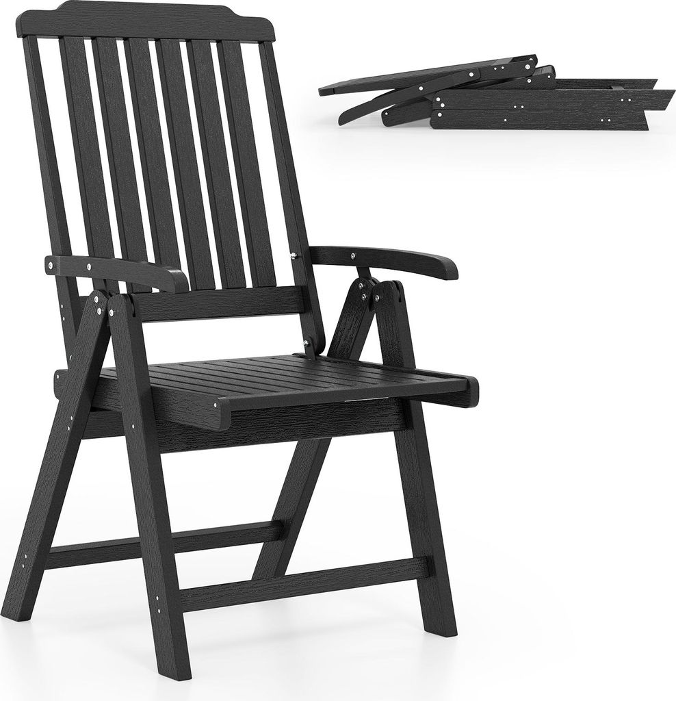 A black folding garden chair is shown from the front, with a folded version of the chair in the background.