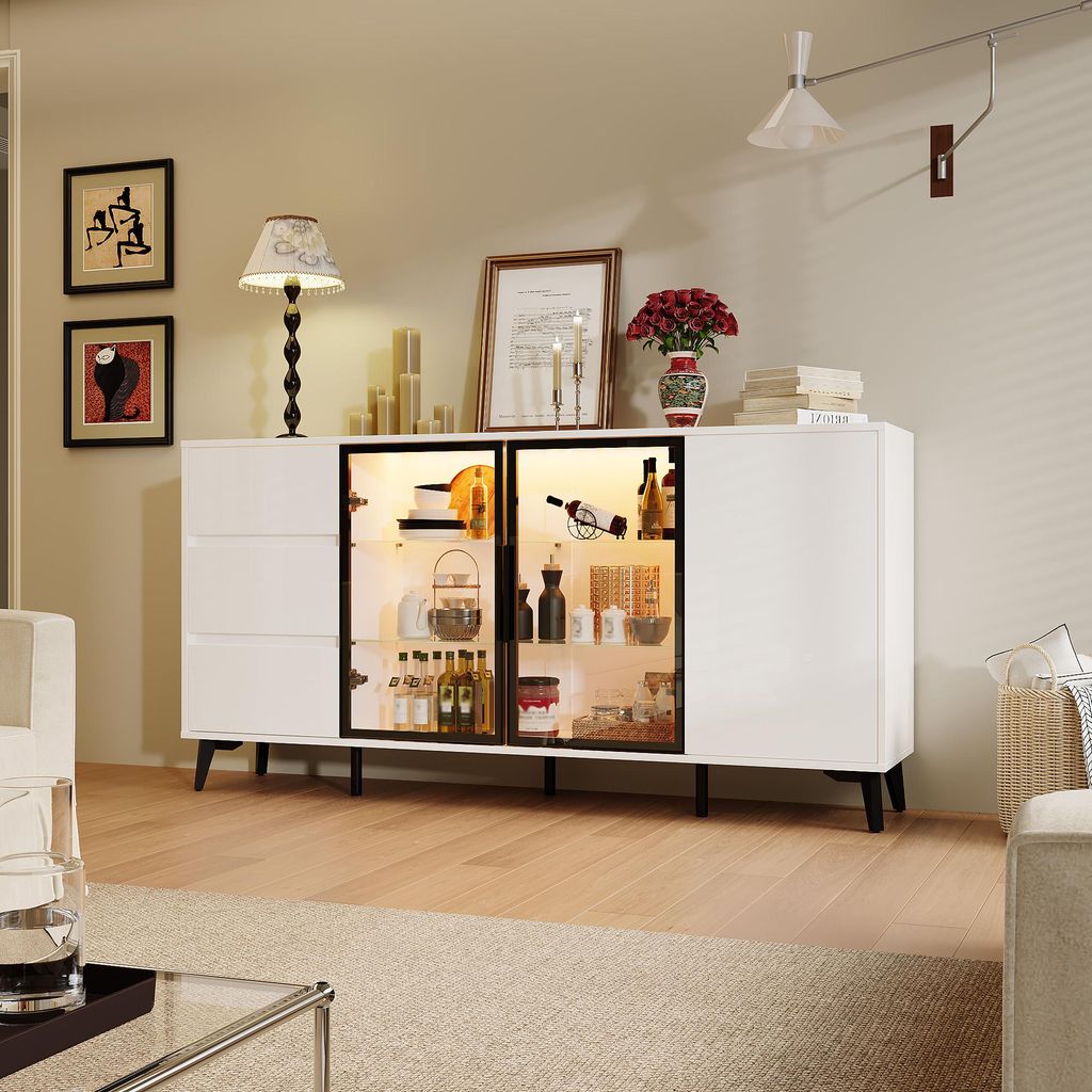 Sideboard mit LED-Vitrine 160x35x80cm, Weiß Hochglanz, E1-MDF, 3 Lichtfarben, gehärtetes Glas für Wohnzimmer