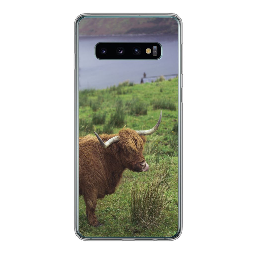 MuchoWow Handyhülle Schutzhülle Hülle für Samsung Galaxy S10 Schottische Highlander - Gras - Wasser - Tiere Silikon Softcase Handy Hülle - H...