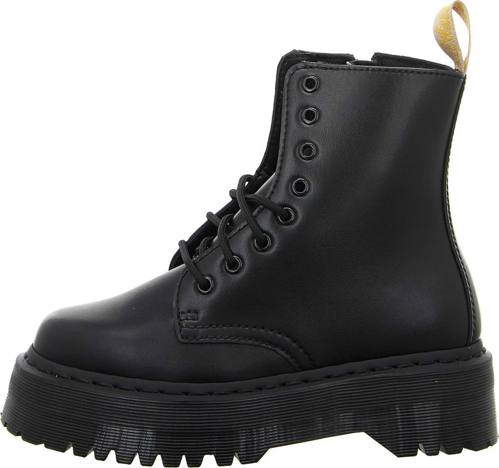 A black Dr. Martens boot with a platform sole is shown from the side against a white background.