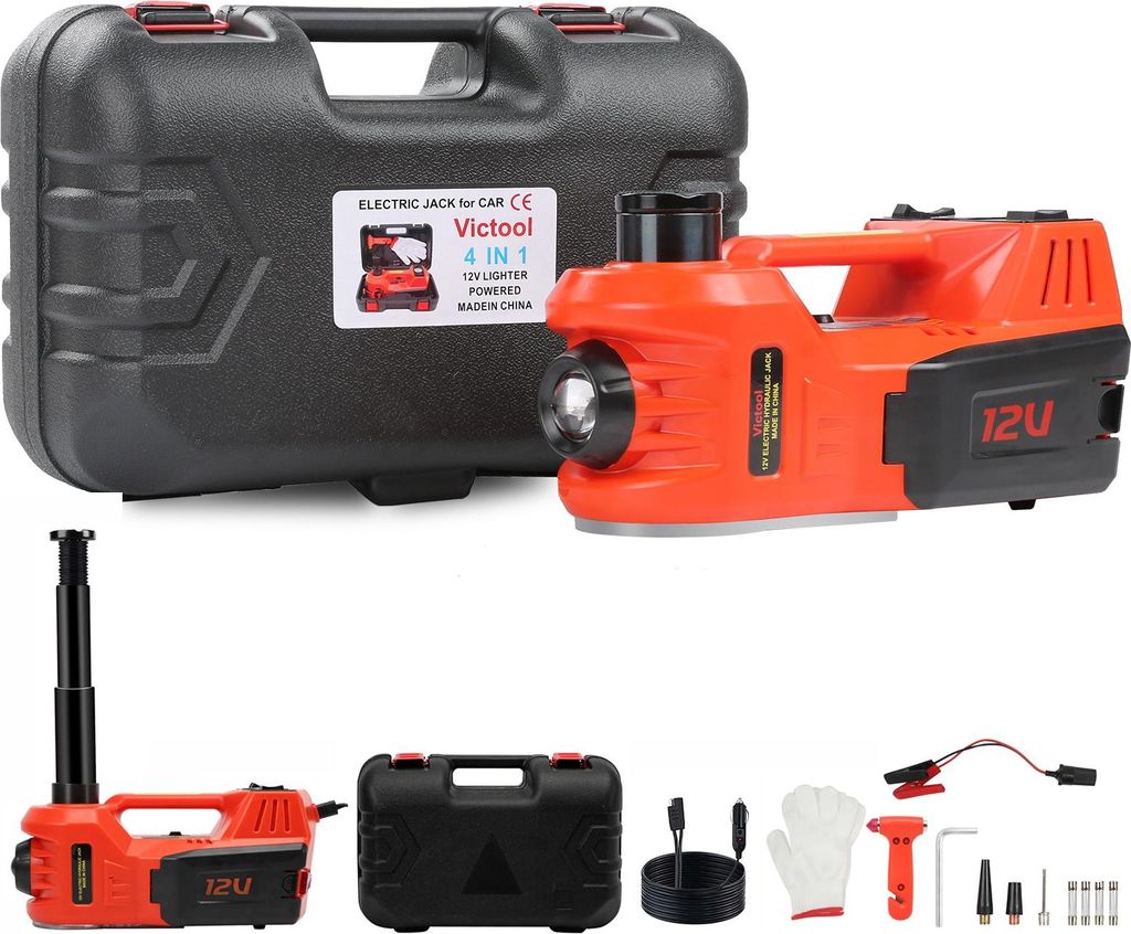 4-in-1 Auto Wagenheber Set 5T, 12V Elektrischer Hydraulischer Wagenheber fš¹r PKW und SUV, Reifenwechsel & Reifenpumpe