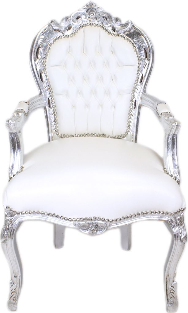 Barockstuhl Barock Stuhl Armlehne Weiß Silber Kunstleder Esszimmer Wohnzimmer Büro Flur Schminkstuhl Klassisch Premium Luxus Modern Retro Royal A...