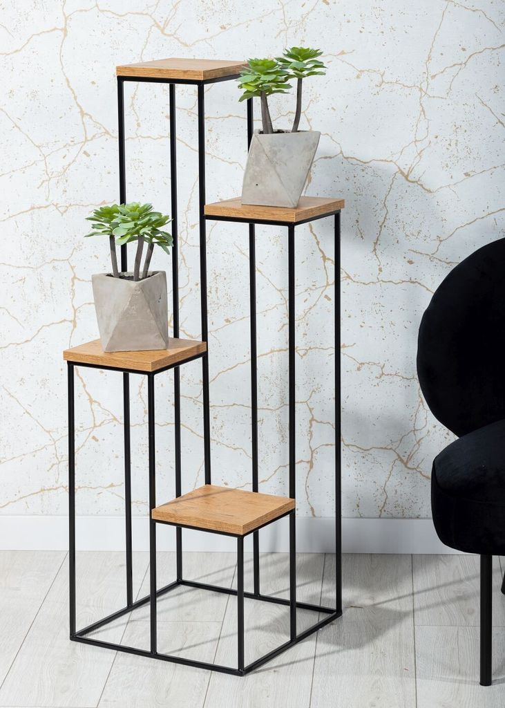 HowHomely Présentoir à Fleurs Métal 100cm - Support Plantes Style Loft Chêne & Noir Pour Intérieur