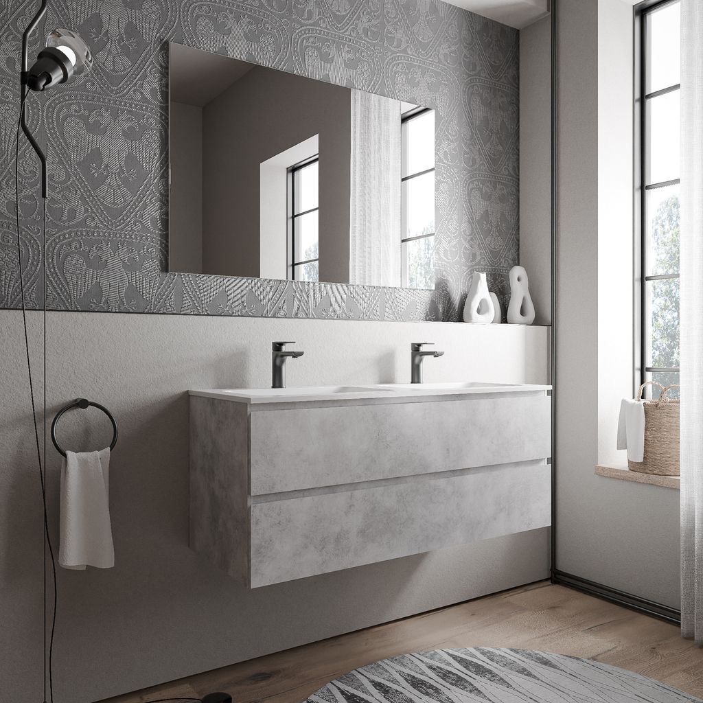 Unterschrank AVA 120 cm mit Mineralguss Waschbecken BRUXELLES - Farbe wählbar, Auswahl Waschbecken:Weiß matt mit Hahnloch, Farbe Badmöbel:Beton