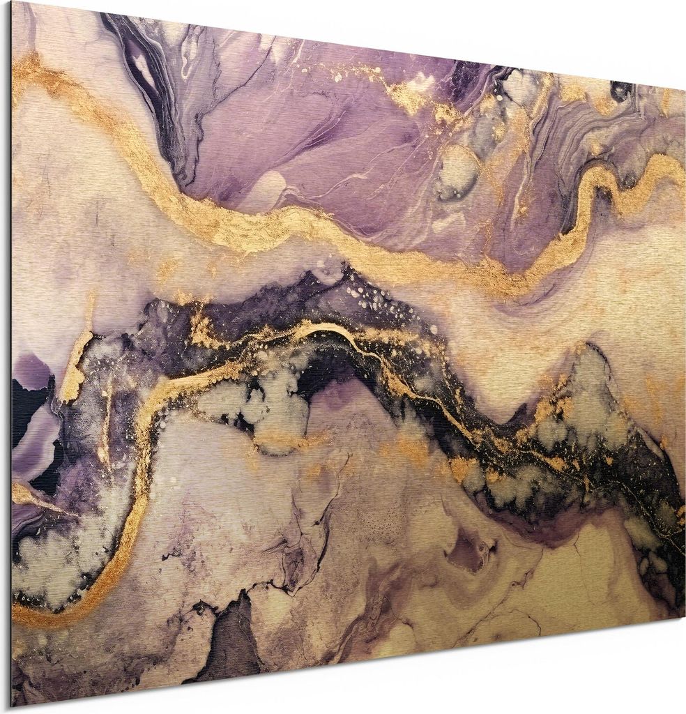 DEQORI Alu-Dibond Bild Gold 60x40 cm 'Violette Gesteinsader' Wandbild Metall dünn Design