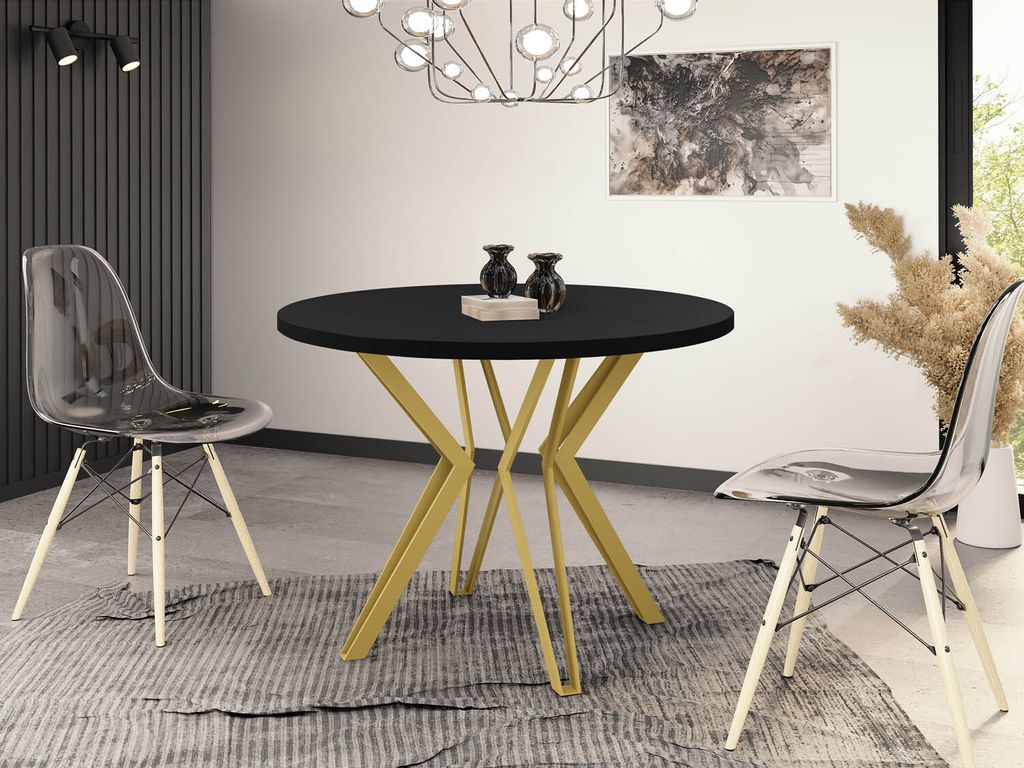 Runder Tisch für das Esszimmer - 100 oder 120 cm Durchmesser - Ausziehbarer Tisch mit Pulverbeschichteten Goldenen Metallbeinen - Industriestil - ...