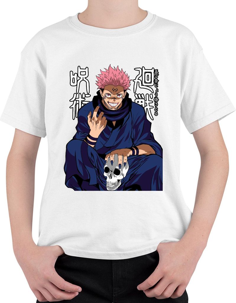 Sukuna Jujutsu Kaisen Dämon Totenkopf Anime gruselig düster Uni Kinder T-Shirt, Weiß, 104