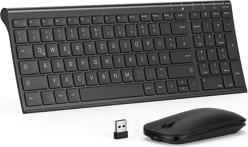 Tastatur Maus Set Kabellos, beide Wiederaufladbar, Ultra-Dünne 2.4G USB Funktastatur mit Funkmaus, Aluminium Slim , QWERTZ DE Layout für Win PC/L...