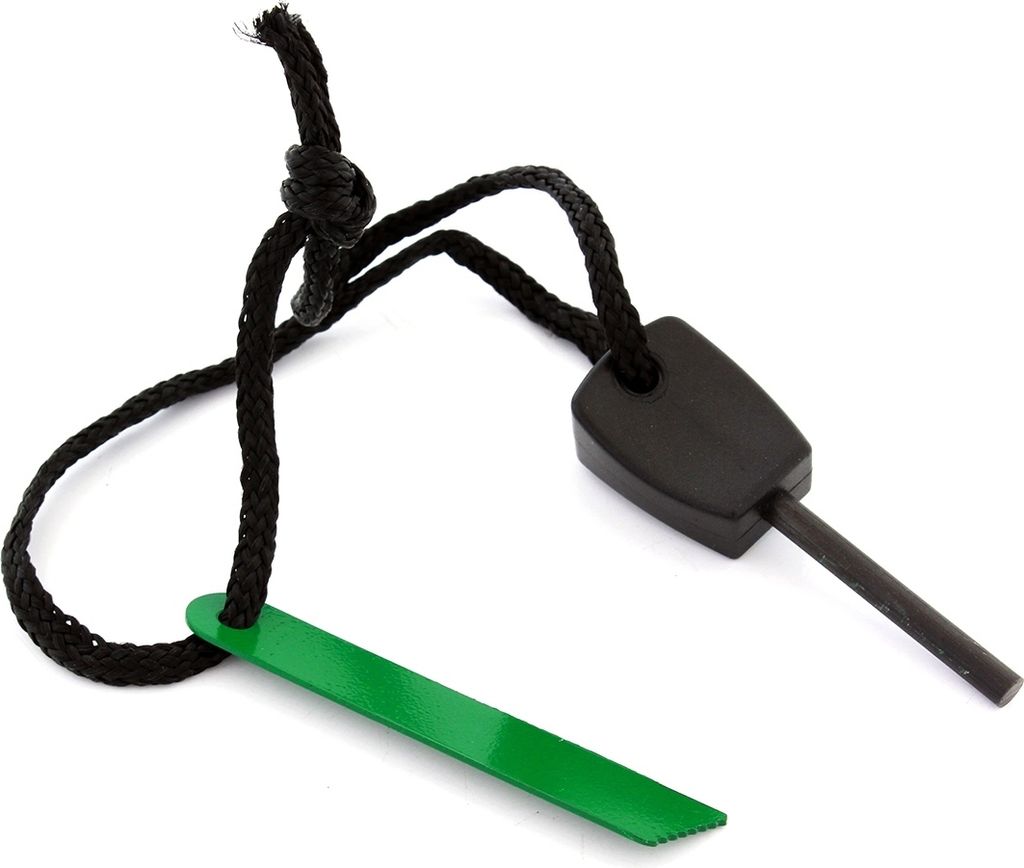 A survival fire starter tool with a black handle and a green striker, attached by a black cord.