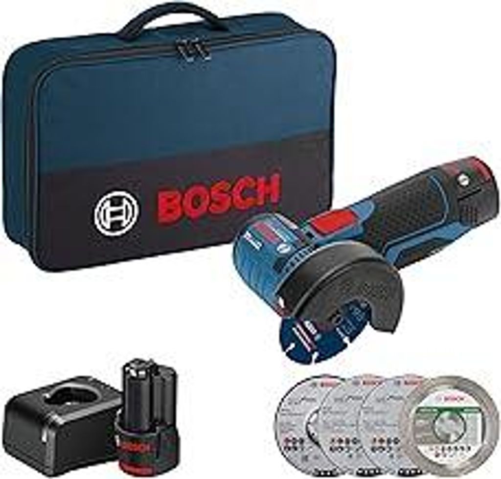 Bosch Professional 12V System Akku Winkelschleifer GWS 12V-76 (inkl. 2x 2.0Ah Akku, 5tlg. Trenn- und Schleifscheiben-Set, Tasche)