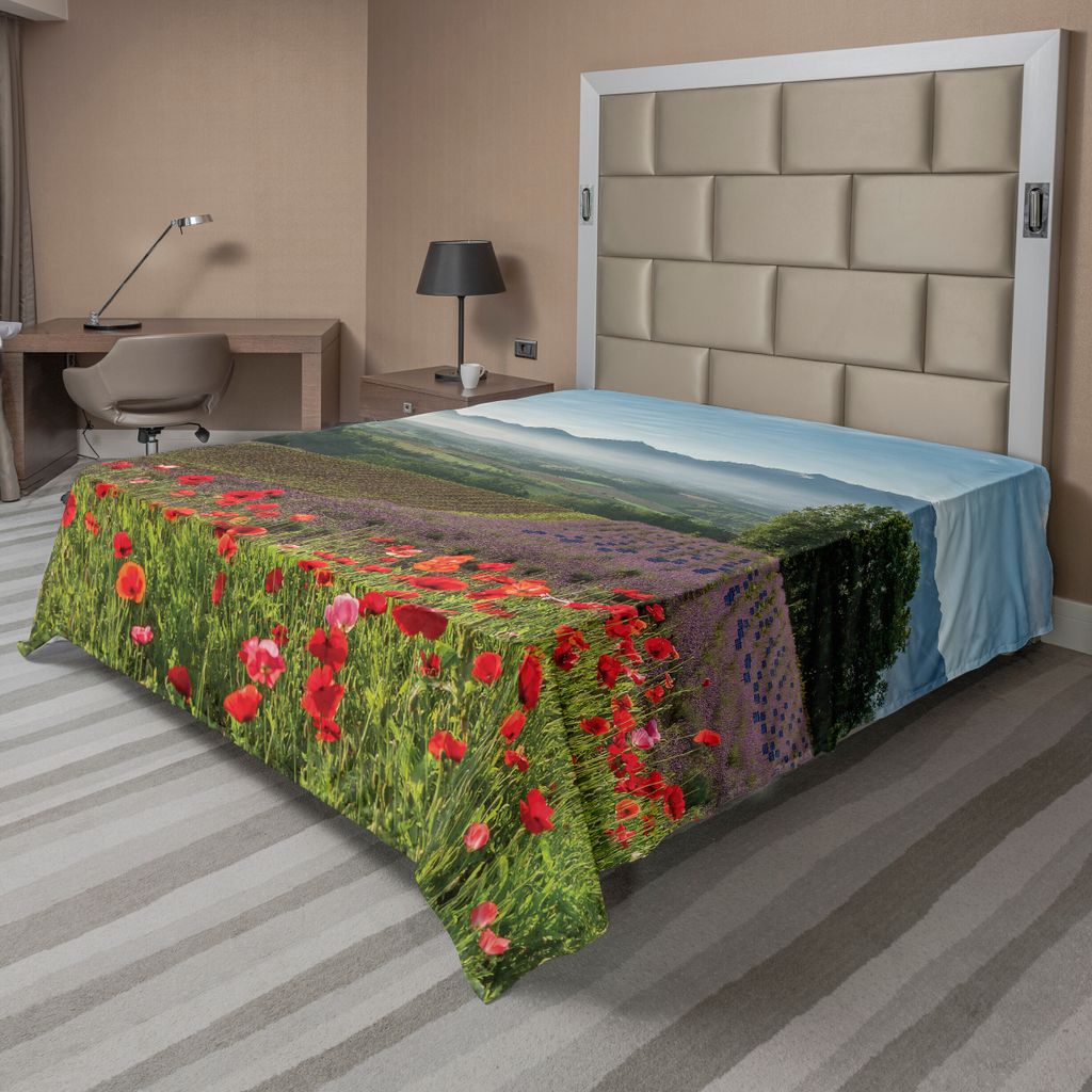 ABAKUHAUS Blume Bettlaken, Mohnblumen Lavendel Bauernhof Nebelige Landwirtschaft Im Ernten Rote Purpurrote Kunst, weiches bequemes oberes Bettlaken...