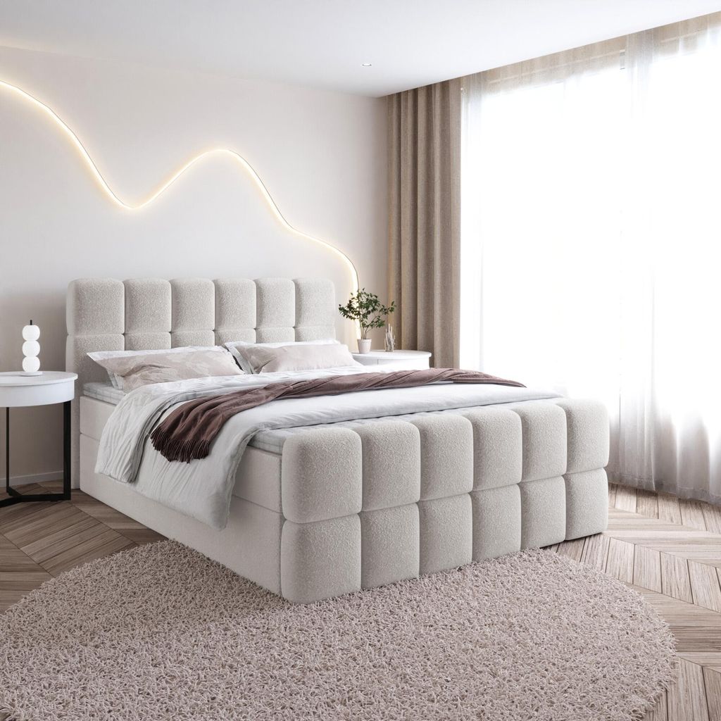 Bett Boxspringbett SALA Topper VISCO mit Bettkästen - Doppelbett, Stauraum, Schlafzimmer, Polsterbett, Bettgestell (120x200, Creme - Fredo 15)
