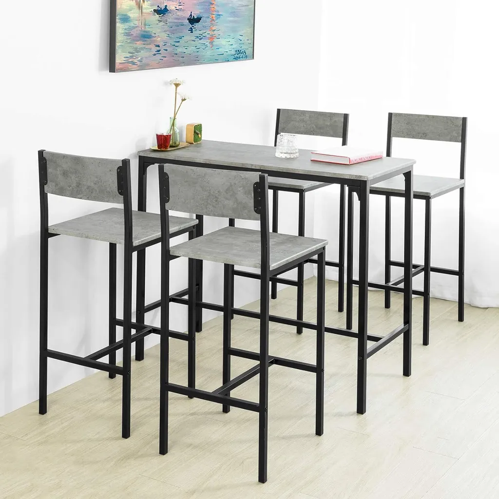 Table de bar 5 pièces plateau gris effet ciment et pieds en métal noir