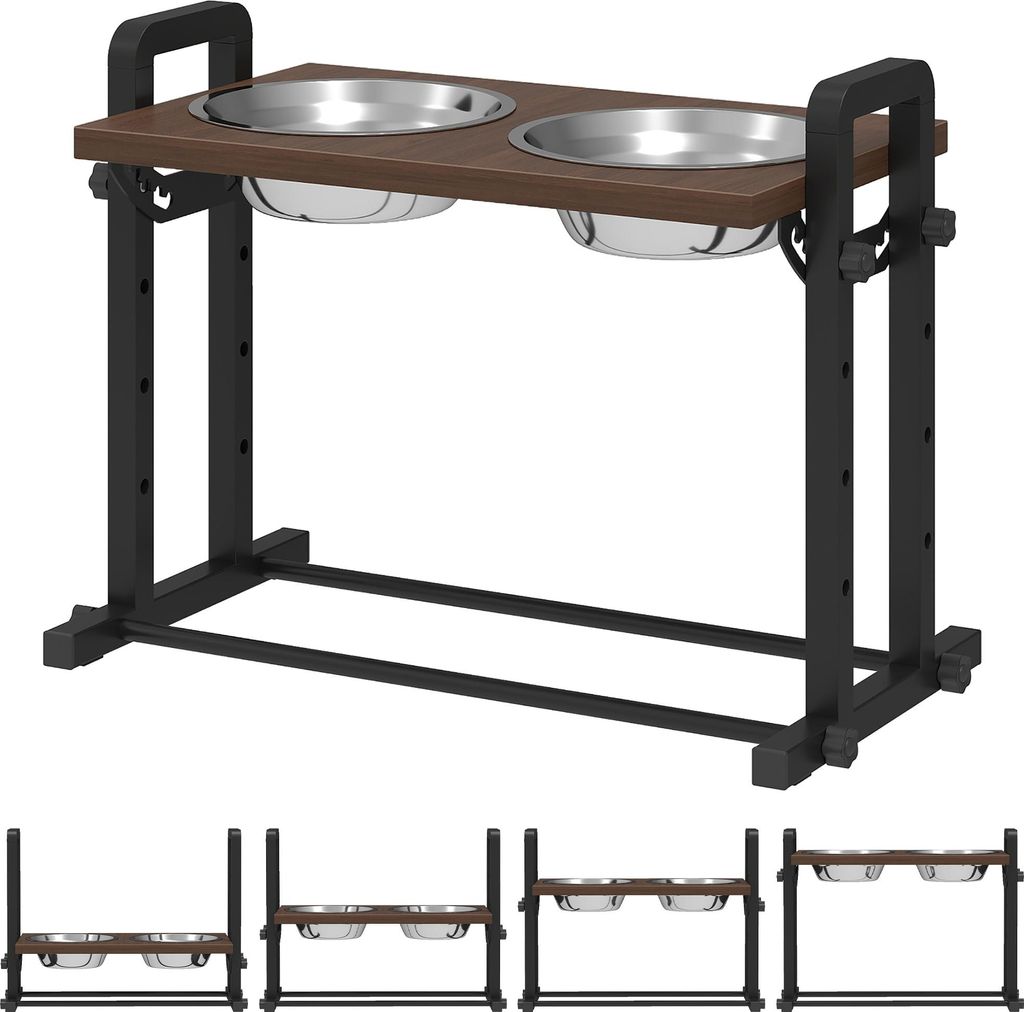 Hundenapf erhöht 4 höhenverstellbare Futternapf mit Ständer, 2 x 1,2 L Edelstahlnäpfen, 3 einstellbaren Winkeln, Braun