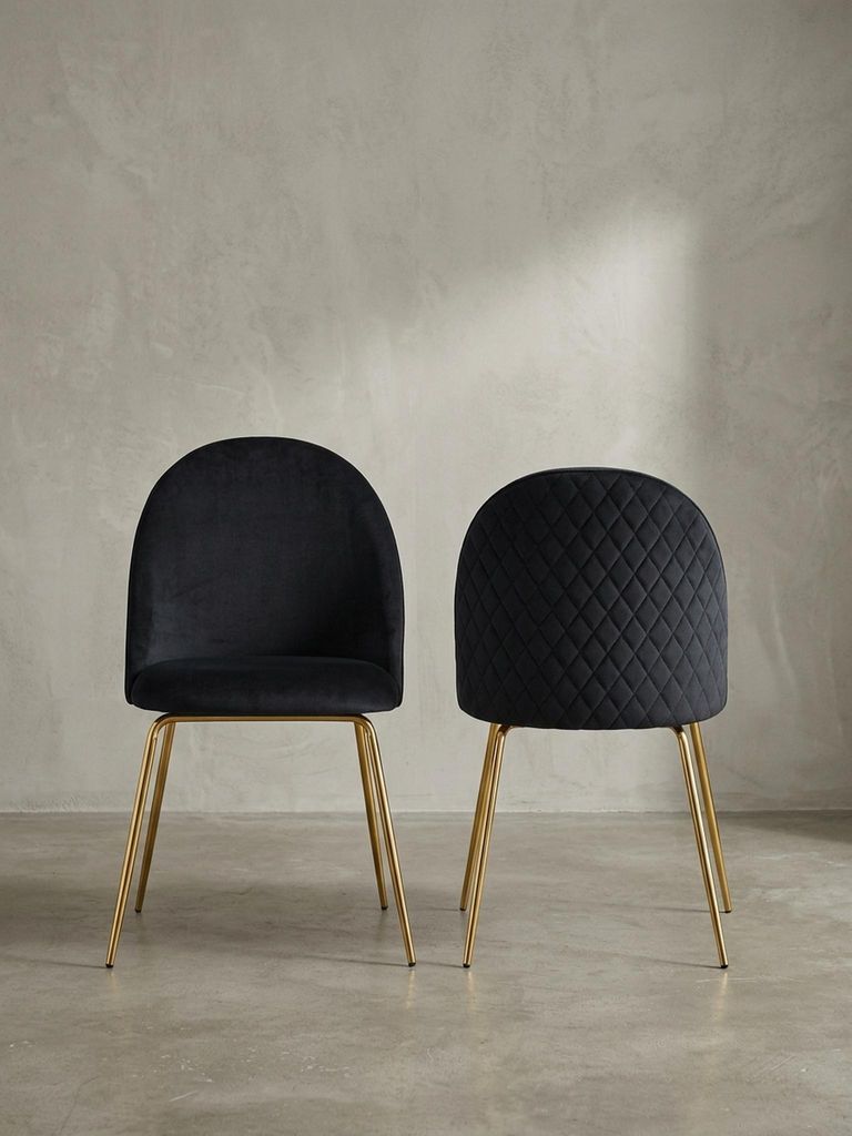Design Esszimmerstuhl 2er Set Samt Schwarz Gepolstert, Küchenstuhl Stoff mit goldenen Beinen, Schalenstuhl Skandinavisch, Polsterstuhl mit Samtbezug
