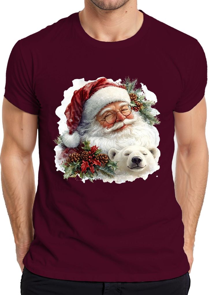 Weihnachtsmann Eisbär Tannenzapfen Stechpalme Weihnachten Vintage Herren T-Shirt, Burgundy, XXL