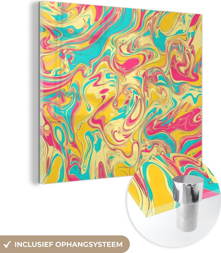 MuchoWow Glasbilder - Bilder auf Wandbild - Foto auf Glas Gelb - Rosa - Blau - Retro 40x40 cm Wanddekoration aus Glas - Acrylglasbild - Acrylbilder
