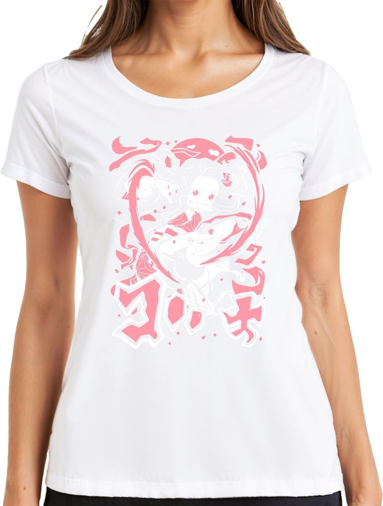 Nezuko Kimetsu no Yaiba Dämonenmädchen Bambus Kampfpose Rosa Damen T-Shirt, Weiß, XL