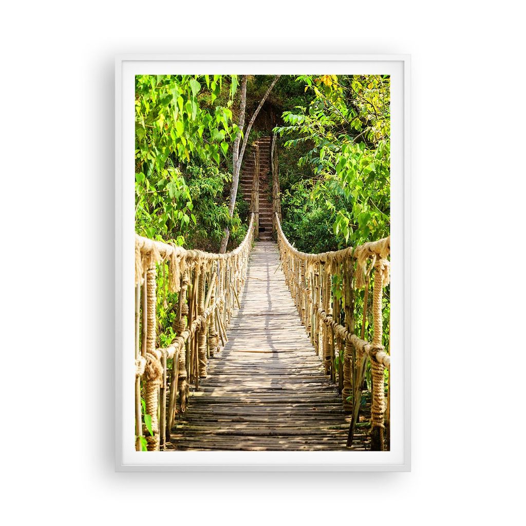Gerahmtes Poster - Weißer Rahmen - Brücke Seil Dschungel - 70x100 cm - Wand Bild - Wanddeko - Wandbilder - Kunstposter - Wandposter - Bilderrahme...