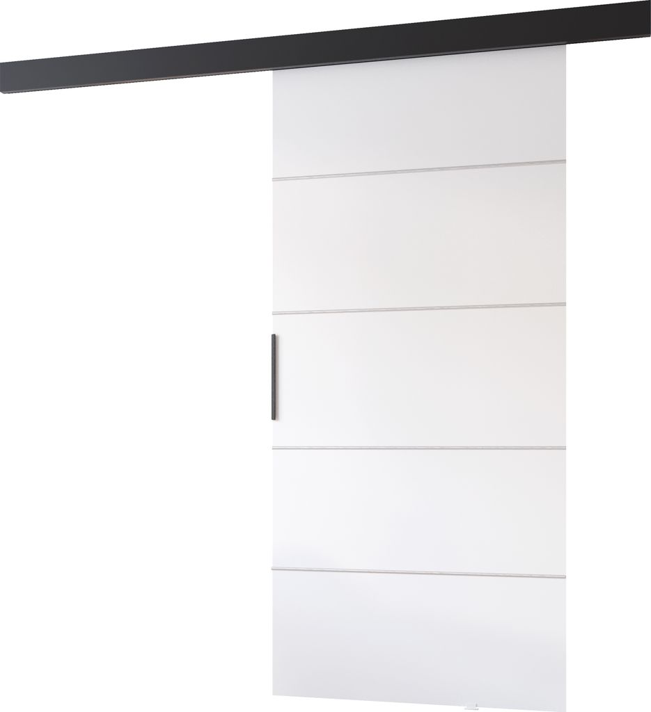 MINIO go for it, Schiebetür "PRIM B", Zimmertür, mit silbernen Zierleisten, schwarzer Griff, 96cm, Weiße / Schwarze Farbe