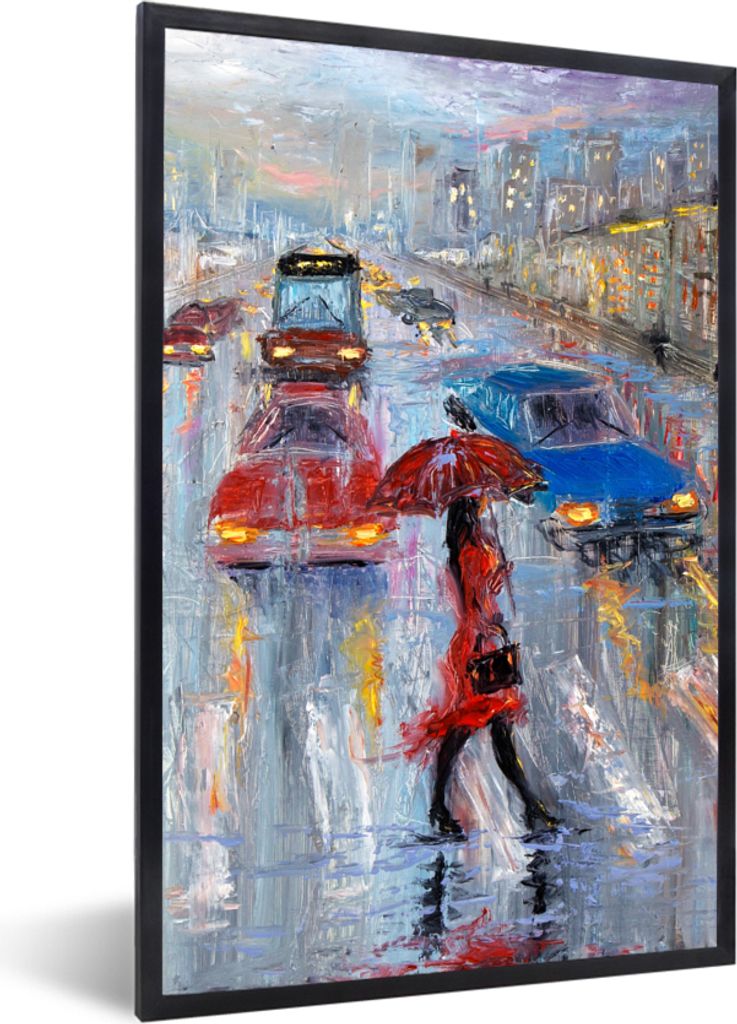 MuchoWow Gerahmtes Poster Gemälde - Öl - Auto - Zebrastreifen 20x30 cm - Poster mit Schwarzem Bilderrahmen Wandposter Rahmen Foto Bilder - Druc...