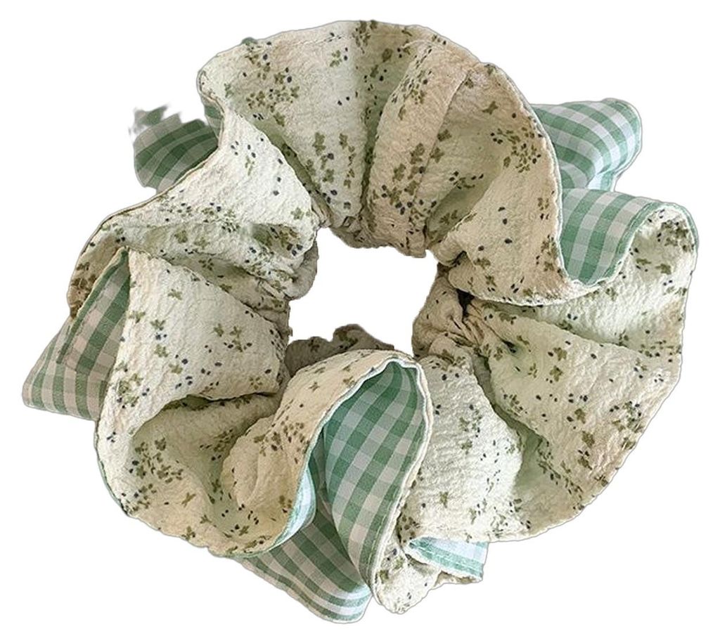 Haargummi im französischen Stil, extra breit, kariert, mit Blumenmuster, hochelastisch, ideal für Pferdeschwanz und Haarknoten.