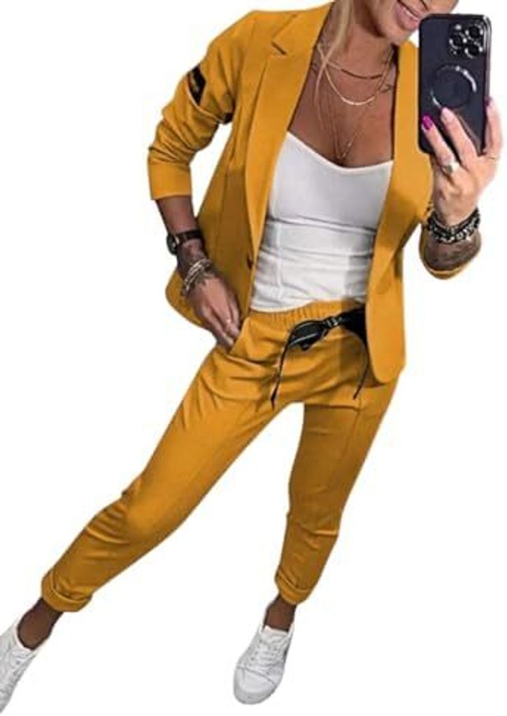 ASKSA Damen Lange aermel Zweiteiler Elegant Business Anzug Set Revers Buero Langarm Anzugjacke Blazer Hose 2-teilig Outfit Streetwear Freizeitanzug...