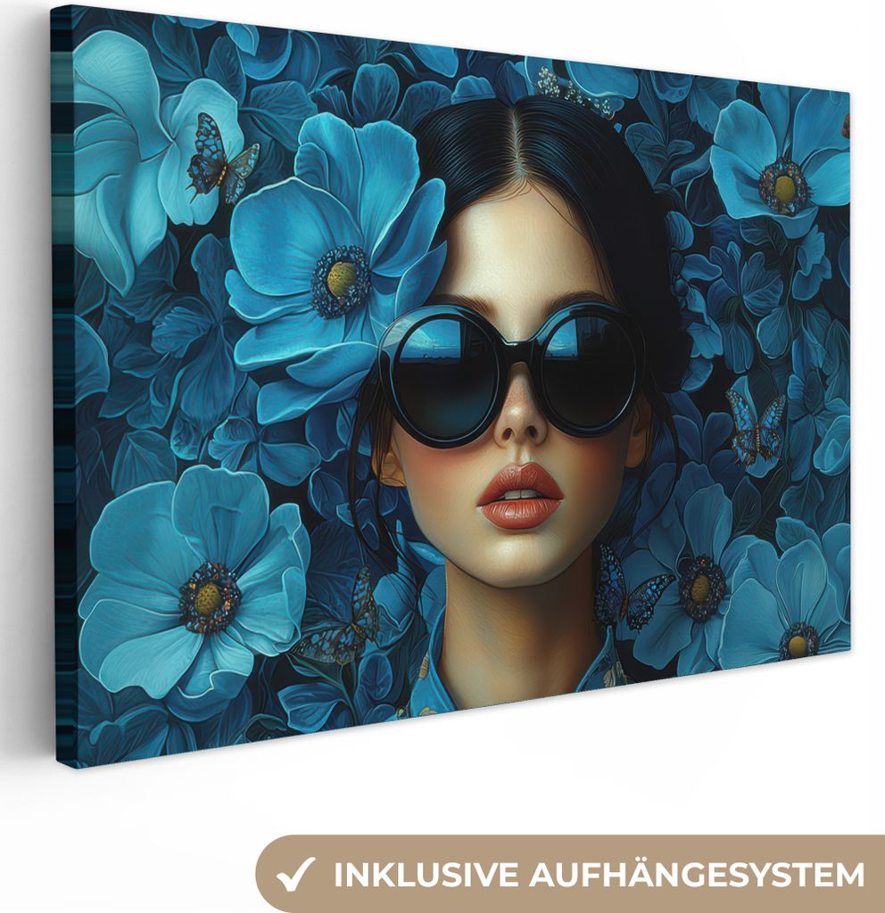 Leinwand Bilder 120x80 cm - Frauen, Abstrakt - Schmetterlinge - Blumen - Blau, Wandbilder, Wanddeko Wohnzimmer, Bild