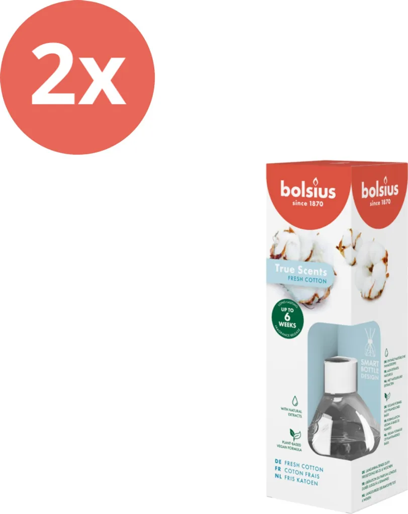 Bolsius - True Scents - Bastoncini profumati - 60 ml - Cotone fresco - Confezione risparmio - 2 pezzi