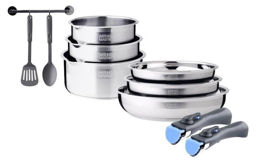 A set of stainless steel cookware with detachable handles and kitchen utensils on a rack.