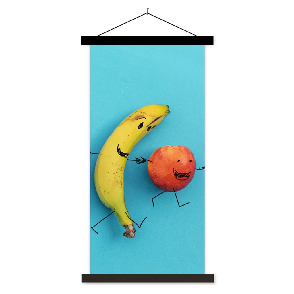 MuchoWow Textilposter Smiley - Obst - Blau 60x120 cm mit schwarzem Rahmen - Magnete