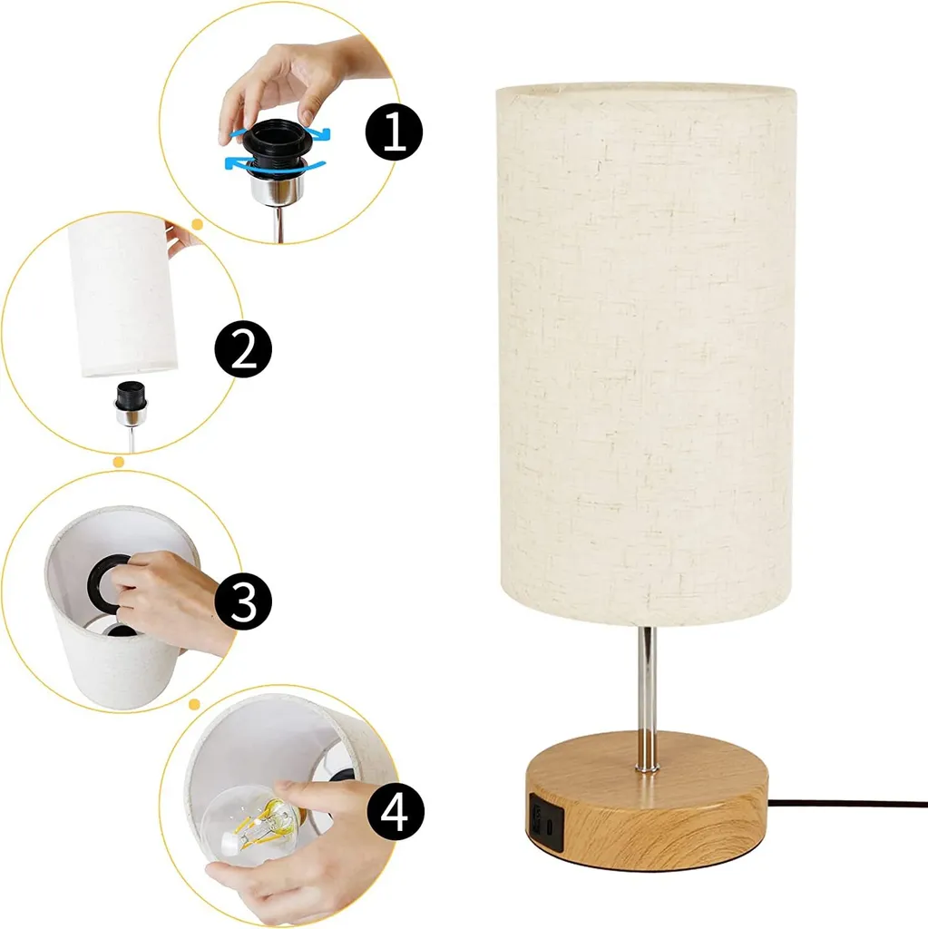 Lampe de Table Moderne E27 avec Chargeur USB et Abat-jour en Tissu x2 - 7