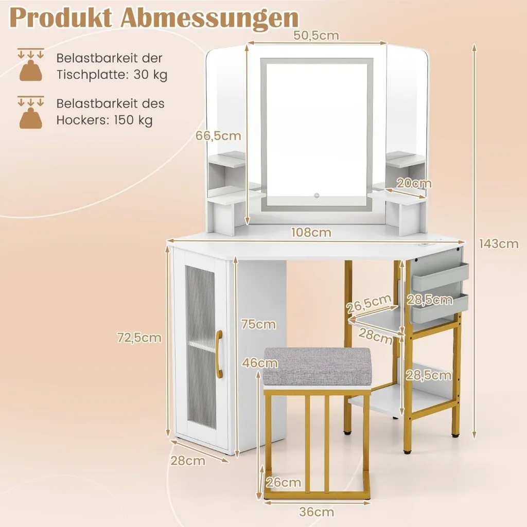 Coiffeuse d'angle avec miroir LED, tabouret et ports USB intégrés - Blanche - 2