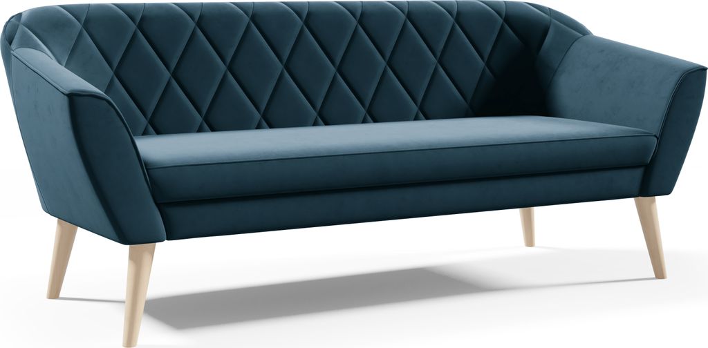 Sofello Sofa 3 Sitzer Blau Sitzbank Samt Holzfüße Schnelle Lieferung skandinavischer Stil - schöne Steppung