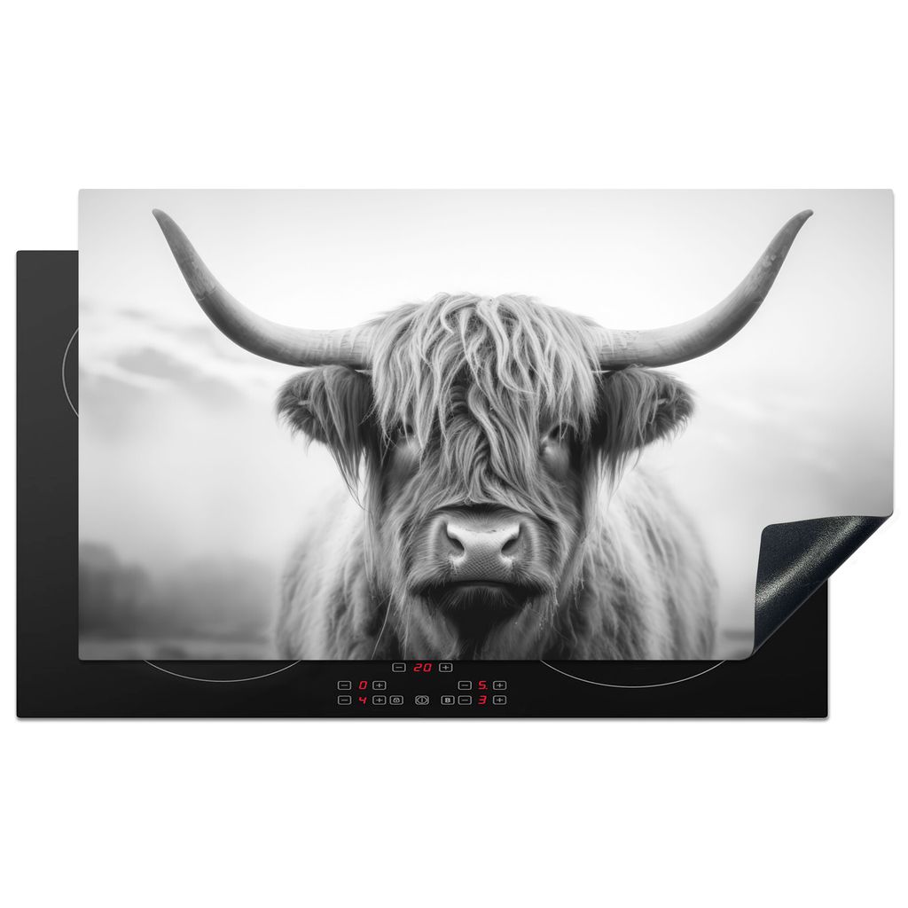 KitchenYeah Herdabdeckplatte Schottischer Highlander - Tier - Grau , 91x52cm, Küche Deko, Glaskeramikkochfeld Herdabdeckung, Abdeckplatte fùr K...
