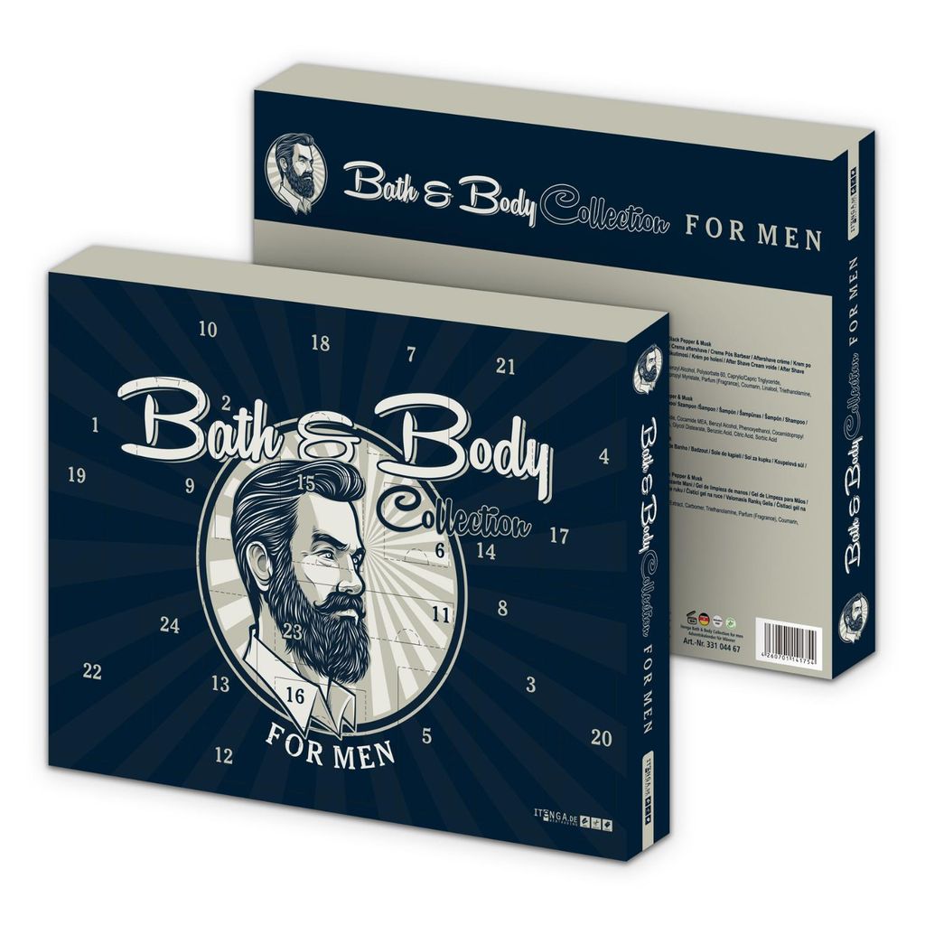 Two boxes of a Bath & Body Collection for Men advent calendar, one slightly behind the other, showing the front and side.