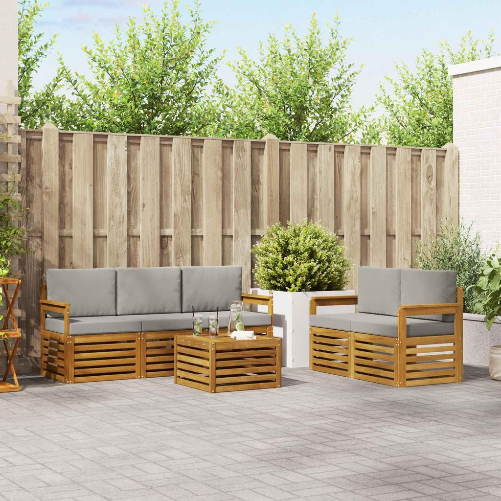 "2026 Aktion"Sofagarnitur - CLORIS - Balkonmöbe/Sitzgruppe - 6 pcs - Moderne Design - Natürlich und Hellgrau Massivholz Akazie - Gartensofas Prom...