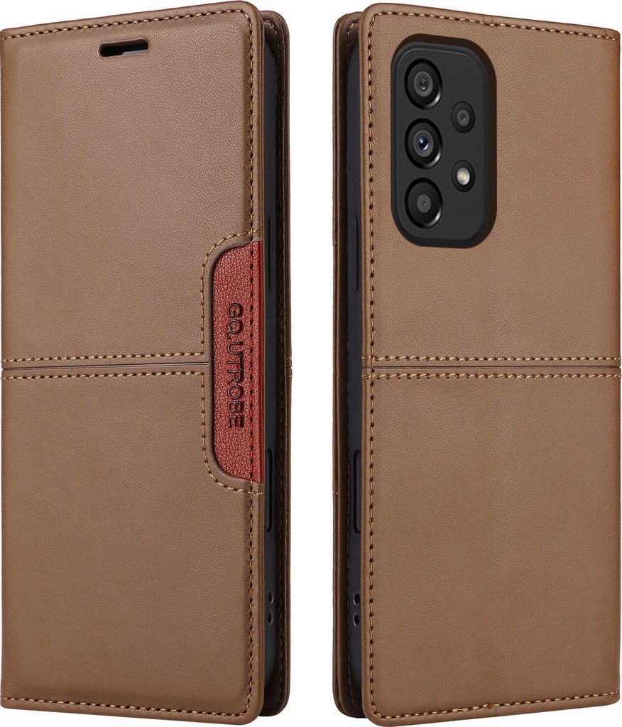 A brown leather flip wallet phone case for a Samsung Galaxy A33 5G is shown from two angles.