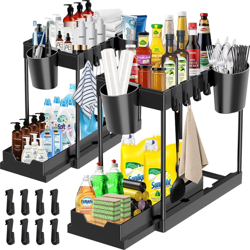 Gootsteenkast Organizer - Küchenschrank Organizer mit 2 Schubladen – Küchenregal - Arbeitsplatten Organizer 8 Haken und 4 Hängende Boxen - 34,...