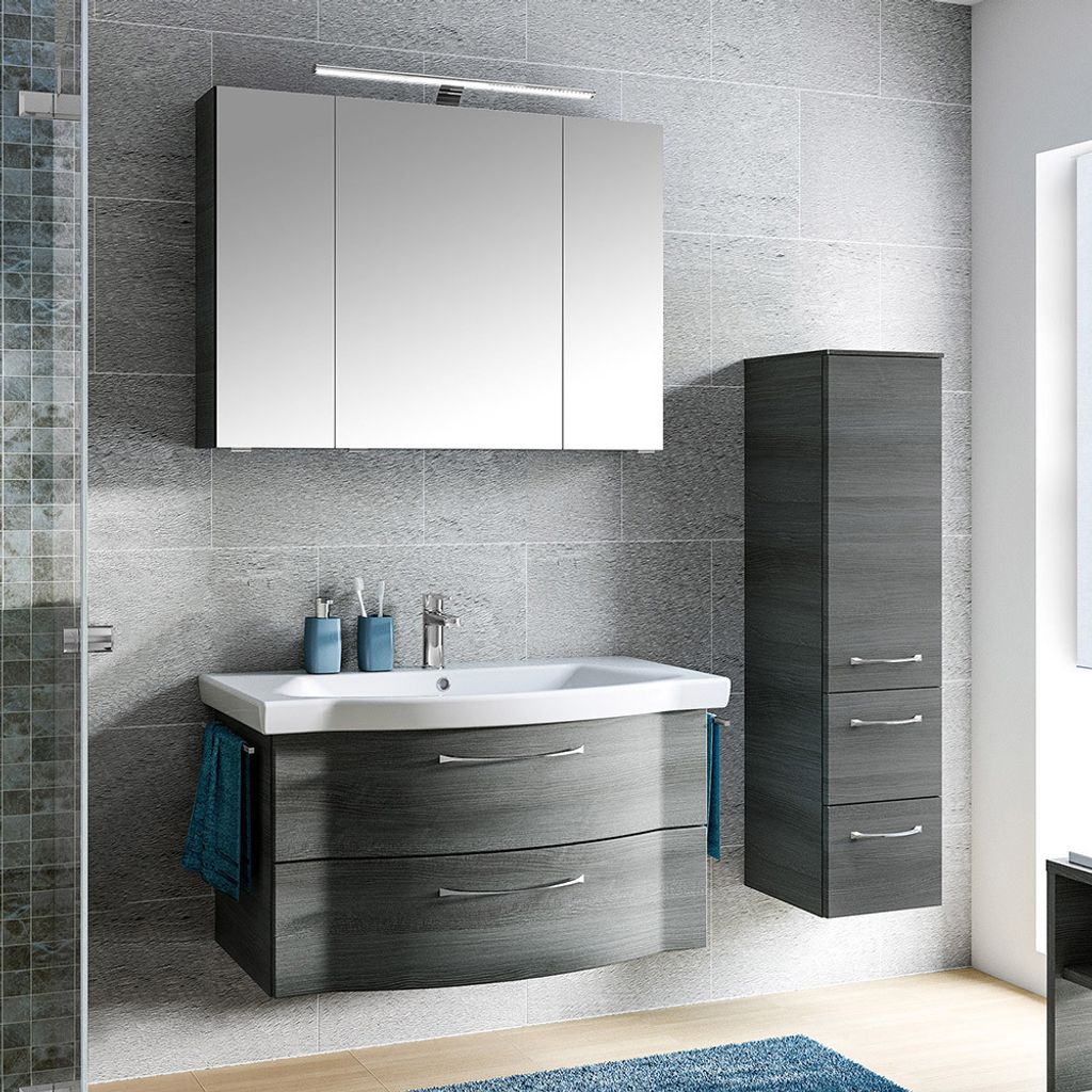 Bad Kombination mit Spiegelschrank, LED Beleuchtung und 97cm Waschbecken in Graphit Struktur quer Nb. SOLINGEN-66, B/H/T ca. 143/200/51,5 cm