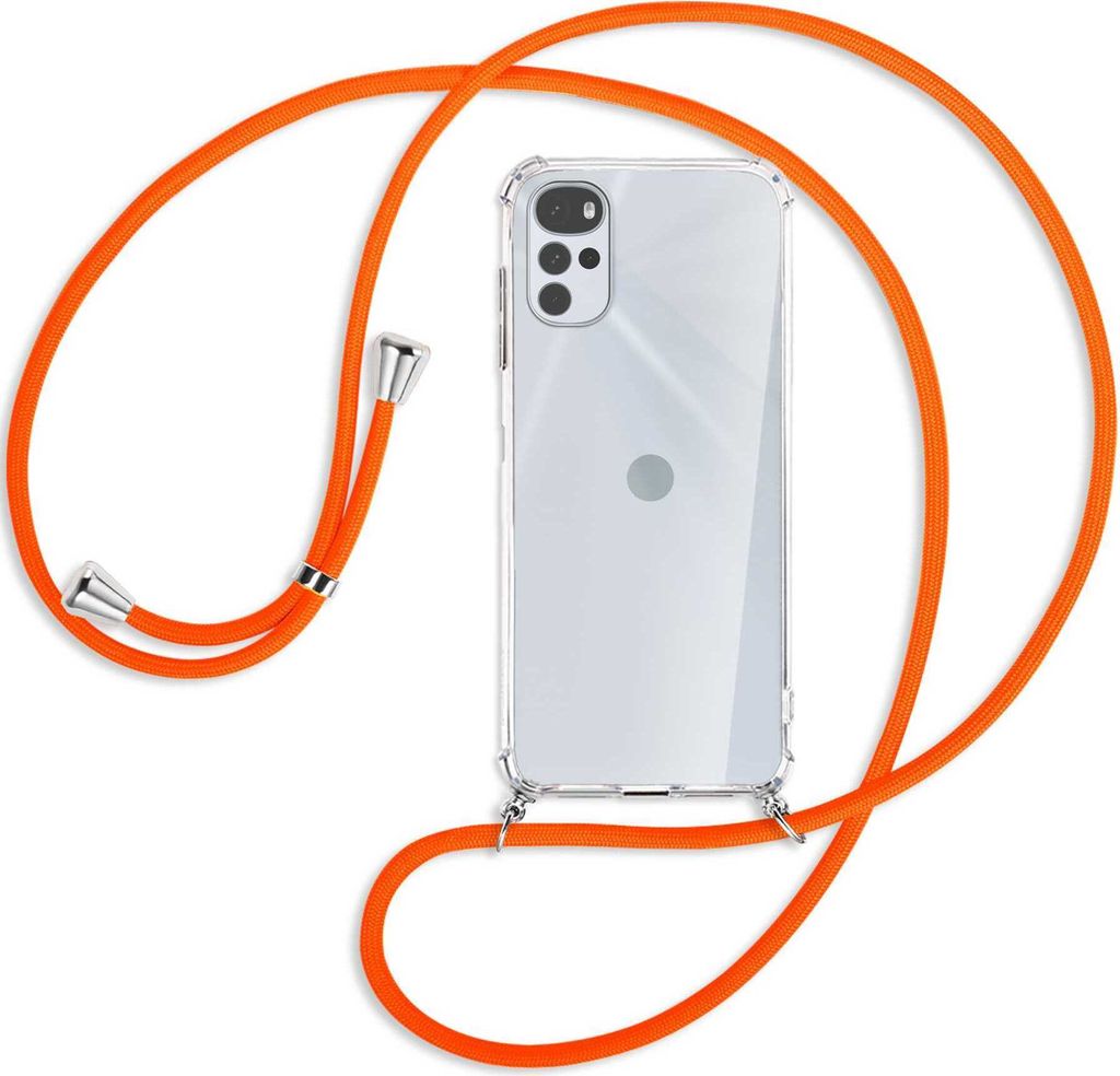 Handykette Backcover-Schutzhülle mit Band (Metall silberfarben) für Motorola Moto G22 4G - neonorange