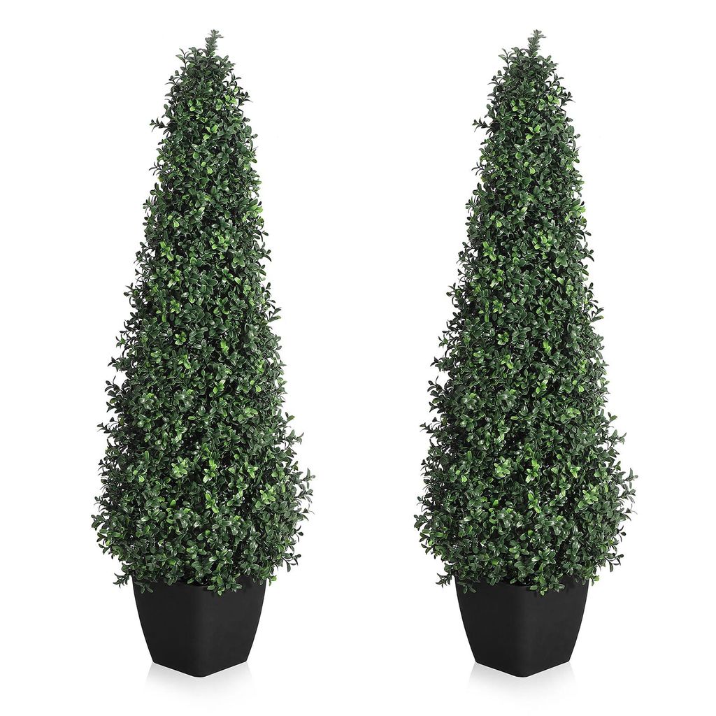 Künstliche Buchsbäume, 90 cm, 2er-Set, kegelformige Kunstpflanzen mit schwarzem Blumentopf dekorative Bäume