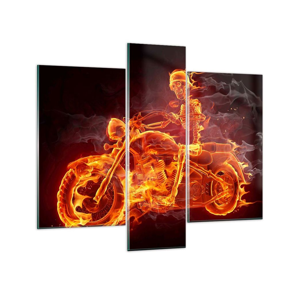 Bilder auf glas - Motorrad Flammen Skelett - 95x80cm - Glasbilder - Wandbilder - Kunstdruck - zum Aufhängen bereit - Wanddekoration aus Glas - Gla...