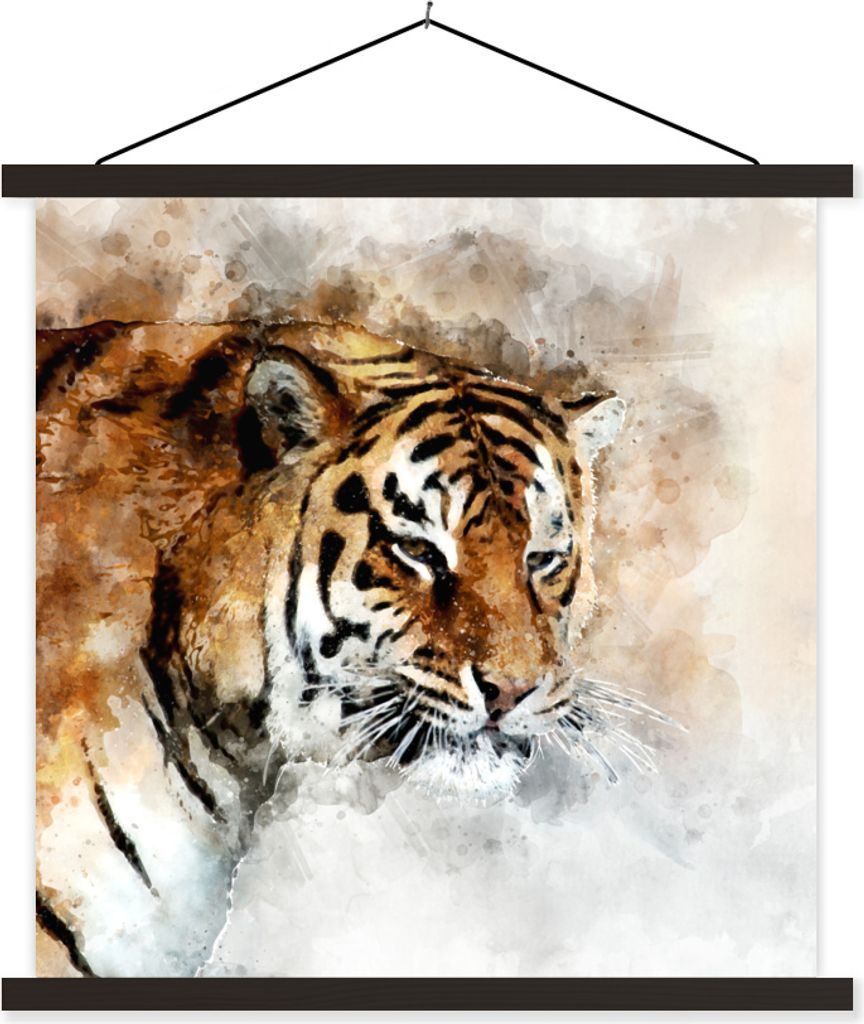 MuchoWow Textilposter Tiger - Gemälde - Weiß 60x60 cm mit schwarzem Rahmen - Posteraufhänger