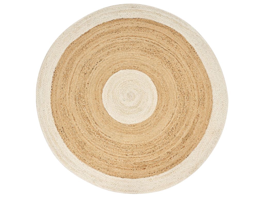 BELIANI Teppich Beige und Cremeweiß Jute Rund 140 cm Kurzflor mit Kreisen Handgefertigt Boho für Fußbodenheizung Flur Eingang Wohnzimmer Ess...