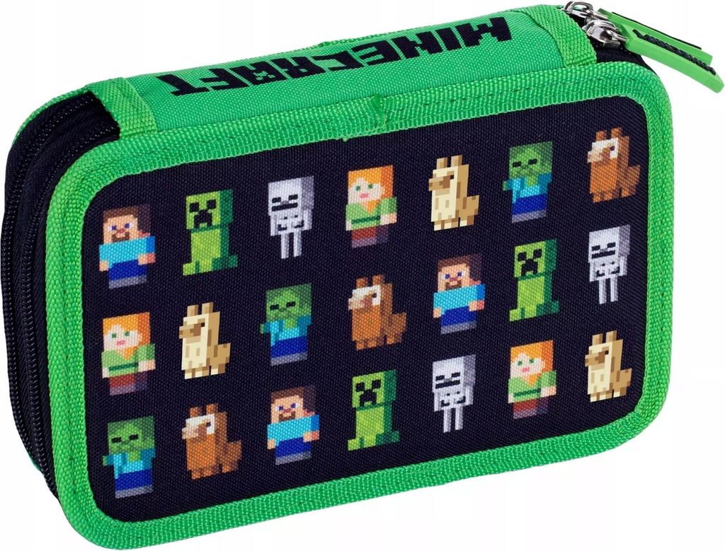 A Minecraft-themed pencil case with various characters printed on it.