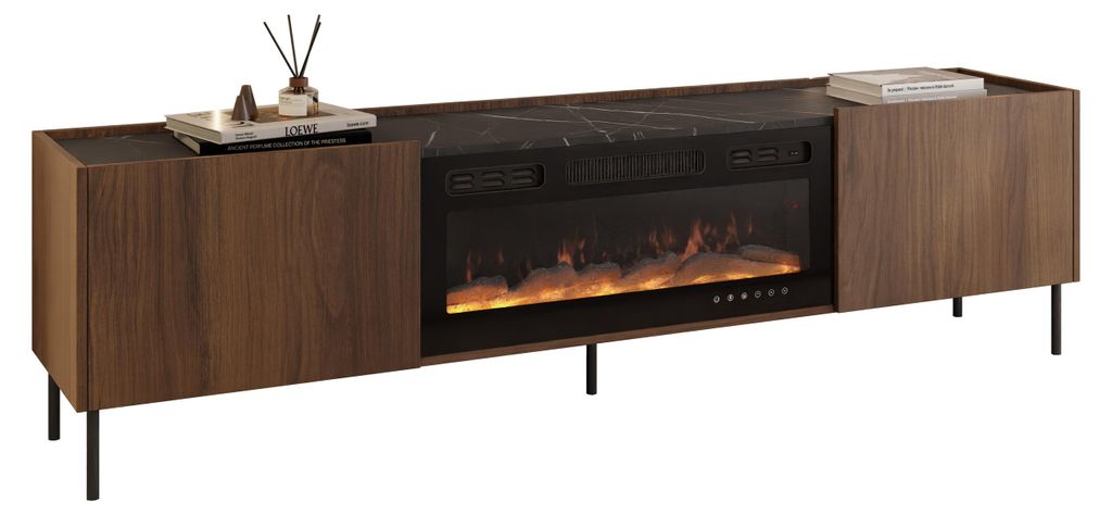 MIRJAN24 TV-Lowboard Tewos 200K mit Kamin, TV-Schrank mit zwei Drehtüren, Schwarze Metallfüße (Farbe: Nuss Warmia / Nuss Warmia + Marmor Schwarz)
