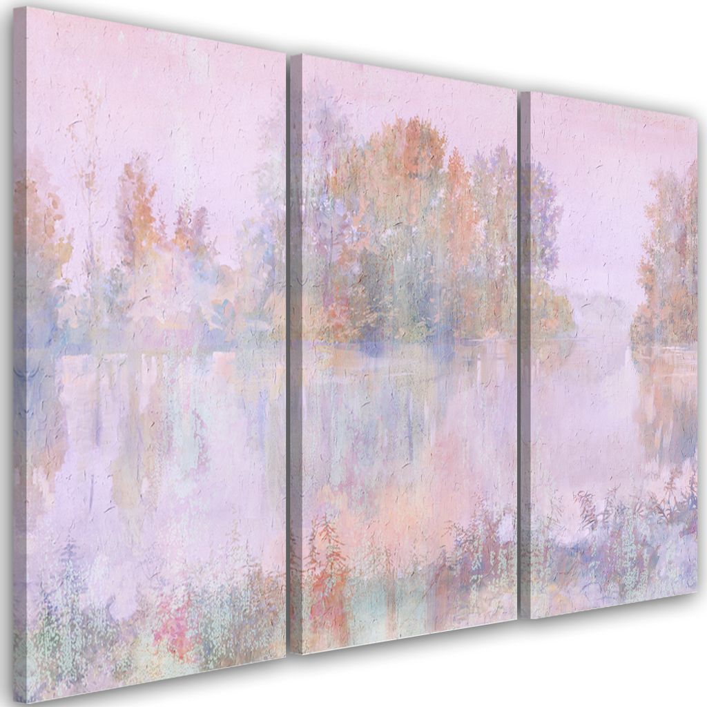 Triptychon auf leinwand blick auf den see 90x60 cm Feeby rosa wandbild bereit zum aufhängen