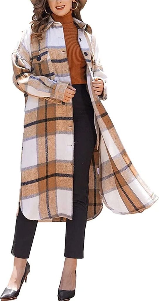 ASKSA Damen Kariertes Lange Hemdjacke Taschen Knöpfen Langarm Holzfällerjacke Mantel, B Khaki, L