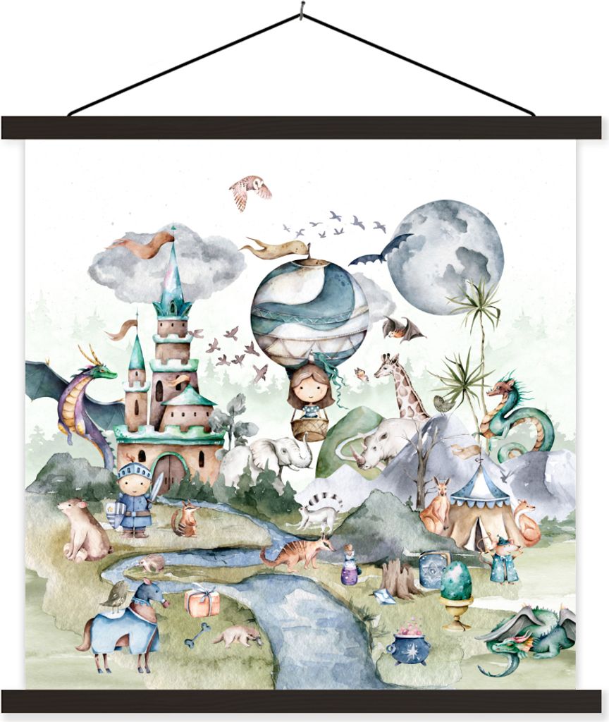 MuchoWow Textilposter Kinder - Heißluftballon - Drache - Jungen - Burg - Aquarell 90x90 cm mit schwarzem Rahmen - Magnetisches